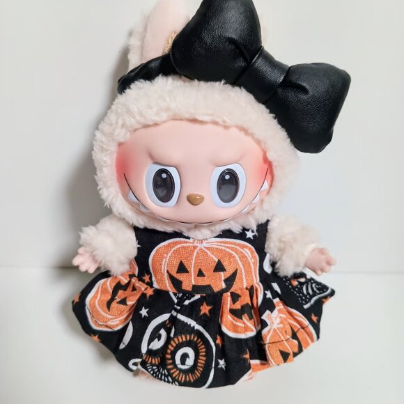 Custom Labubu Spooky Halloween Pumpkin Jack O Lantern Dress and Faux Leather Bow - Picture 4 of 5